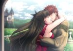  1boy 1girl arms_around_neck arms_around_waist bangs black_bow blurry blurry_background bow breasts brown_hair brown_sweater chain choker closed_eyes couple crying day dress emiya_shirou eyebrows_visible_through_hair fate/stay_night fate_(series) floating_hair from_side gloves hair_between_eyes hair_bow hetero imminent_kiss jewelry long_hair long_sleeves medium_breasts migiha necklace outdoors red_choker red_dress red_gloves red_hair short_hair sideboob sleeveless sleeveless_dress spiked_hair sweater tears tohsaka_rin upper_body very_long_hair 