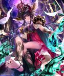  1girl bangs barefoot black_hair breasts cape cleavage closed_mouth dress floating_hair from_below head_wings highres horns irua large_breasts long_hair looking_at_viewer magic purple_dress red_eyes shadowverse shiny shiny_hair shiny_skin sitting sleeveless sleeveless_dress smile soles solo 