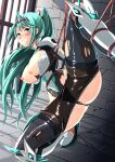  1girl absurdres aqua_eyes aqua_hair bangs bdsm blush bondage bound breasts breasts_outside cyoppu glaring green_hair grin hairband high_ponytail highres long_hair pantyhose pneuma_(xenoblade) restrained scowl sidelocks smile solo thighhighs torn_clothes torn_legwear very_long_hair xenoblade_chronicles_(series) xenoblade_chronicles_2 