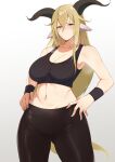  1girl animal_ears arknights bangs bare_arms bare_shoulders black_pants blonde_hair blush breasts cleavage commentary cowboy_shot crop_top degenbrecher_(arknights) gradient gradient_background grey_background hair_between_eyes hands_on_hips highres horns large_breasts leggings long_hair looking_at_viewer midriff navel pants solo sports_bra standing stomach thighs very_long_hair wristband xperiajoker yellow_eyes 