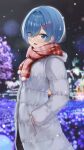  1girl absurdres blue_eyes blue_hair blurry blurry_background blush coat commentary_request depth_of_field eyebrows_visible_through_hair eyes_visible_through_hair grey_coat hair_ornament hair_over_one_eye hand_in_pocket highres hood hood_down long_sleeves looking_at_viewer night night_sky open_mouth outdoors re:zero_kara_hajimeru_isekai_seikatsu red_scarf rem_(re:zero) scarf short_hair sky smile snow solo standing ttusee5 winter winter_clothes winter_coat x_hair_ornament 