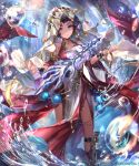  1girl blue_eyes chain closed_mouth collarbone detached_sleeves dress highres irua looking_at_viewer purple_hair red_dress red_sleeves shadowverse short_hair sleeveless sleeveless_dress smile solo standing veil water 