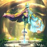  1girl blue_cape blue_hair blue_skin cape colored_skin fi_(zelda) floating forest full_body glowing highres maskedgolem master_sword moss nature no_arms outdoors purple_cape rust silent_princess solo sword the_legend_of_zelda the_legend_of_zelda:_breath_of_the_wild the_legend_of_zelda:_skyward_sword twitter_username two-tone_cape weapon 