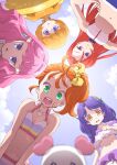  5girls :d bikini bikini_top blonde_hair blue_eyes bob_cut bow breasts brown_hair cleavage from_below frown green_eyes hair_bow hair_intakes hair_ornament hairclip highres ichinose_minori kururun_(precure) laura_la_mer long_hair looking_at_viewer looking_down multiple_girls natsuumi_manatsu open_mouth pink_hair precure purple_eyes purple_hair red_hair shiny shiny_hair short_hair side_ponytail small_breasts smile sports_bikini striped striped_bikini suzumura_sango swimsuit takizawa_asuka tropical-rouge!_precure tuqi_pix very_long_hair wavy_mouth white_bikini yellow_bow yellow_eyes 