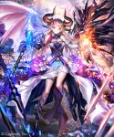  1girl asymmetrical_wings black_footwear black_gloves black_wings blonde_hair blue_skirt breasts cleavage closed_mouth elbow_gloves floating_hair full_body gloves gradient_skirt horns irua large_breasts long_hair looking_at_viewer magic midriff red_eyes shadowverse shiny shiny_hair skirt solo stomach sword thigh_strap very_long_hair weapon white_gloves white_skirt white_wings wings 