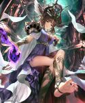  1girl bangs barefoot blue_eyes breasts brown_hair cape cleavage closed_mouth dress from_below head_wings highres horns indoors irua large_breasts long_hair looking_at_viewer magic purple_dress shadowverse shiny shiny_hair shiny_skin sitting sleeveless sleeveless_dress smile soles solo white_cape 