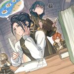  2boys 2girls ? aiguillette bangs black_vest book brown_eyes buttons byleth_(fire_emblem) byleth_(fire_emblem)_(female) character_request closed_eyes closed_mouth commentary_request crossed_arms dark_blue_hair desk ears epaulettes eyebrows_visible_through_hair felix_hugo_fraldarius fire_emblem fire_emblem:_three_houses fringe_trim garreg_mach_monastery_uniform glasses hair_between_eyes hair_bun hair_over_one_eye hair_over_shoulder harusame_(rueken) head_rest holding holding_book holding_quill imagining indoors ink inkwell jitome light_brown_hair looking_at_another looking_to_the_side medium_hair military military_uniform multiple_boys multiple_girls open_book orange_eyes orange_hair paper quill reading red-framed_eyewear shiny shiny_hair shirt short_hair sidelocks sitting speech_bubble standing stone_wall sweatdrop swept_bangs sylvain_jose_gautier thought_bubble tied_hair uniform vest wall white_shirt 