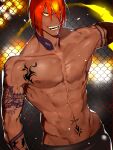  1boy abs ashwatthama_(fate) bangs bara dark-skinned_male dark_skin fate/grand_order fate_(series) gloves highres large_pectorals long_hair looking_at_viewer male_focus mature_male muscular muscular_male navel nipples open_mouth pectorals red_hair semi_finalfight smile solo tattoo teeth topless topless_male yellow_eyes 