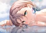  1girl absurdres aqua_nails asakura_tooru bare_shoulders brown_hair close-up cloud cloudy_sky commentary_request earrings gem gradient_hair green_eyes highres idolmaster idolmaster_shiny_colors jewelry looking_at_viewer multicolored_hair portrait puni_(punycolors) reflection short_hair sky solo water wet 