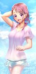  1girl absurdres arm_behind_head blue_sky bra_strap breasts clenched_hand cloud cloudy_sky collarbone curecycadura eyebrows_visible_through_hair floral_print flower hair_flower hair_ornament hairclip hanadera_nodoka healin&#039;_good_precure highres pink_eyes pink_hair pink_shirt precure shirt short_shorts shorts sky small_breasts smile sweat tied_hair water 