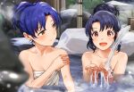  2girls :o bangs bare_arms bare_shoulders blue_hair blurry blurry_foreground blush breasts brown_eyes cleavage collarbone hair_up hanamasa_ono idolmaster idolmaster_million_live! in_water kisaragi_chihaya looking_to_the_side multiple_girls naked_towel onsen open_mouth outdoors parted_bangs purple_hair red_eyes rock small_breasts smile steam takayama_sayoko towel tree water 