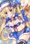 1girl :d animal bangs bell black_bow black_legwear blonde_hair blue_capelet blue_eyes blue_gloves blue_headwear blue_skirt blurry blurry_background blush bow breasts capelet christmas christmas_ornaments christmas_tree cleavage commentary_request depth_of_field elbow_gloves eyebrows_visible_through_hair fur-trimmed_capelet fur-trimmed_headwear fur-trimmed_skirt fur-trimmed_sleeves fur_trim gloves groin hair_between_eyes heart highres holding holding_sack kouta. looking_at_viewer medium_breasts navel original plaid plaid_capelet plaid_headwear plaid_skirt reindeer sack single_thighhigh skirt smile solo thighhighs twintails 