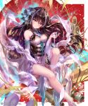  1girl bare_legs blush breasts brown_eyes brown_hair closed_mouth detached_sleeves dress floating_hair gradient_sleeves green_sleeves head_tilt irua long_hair long_sleeves looking_at_viewer medium_breasts multicolored_hair shingeki_no_bahamut shiny shiny_hair short_dress silver_hair sitting sleeveless sleeveless_dress smile solo streaked_hair two-tone_hair underbust very_long_hair white_dress white_sleeves 