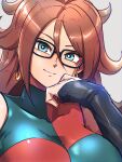  1girl absurdres android_21 black_gloves blue_dress blue_eyes breasts checkered_clothes checkered_dress close-up dragon_ball dragon_ball_fighterz dress earrings elbow_gloves face glasses gloves grey_background hand_on_own_cheek hand_on_own_face head_tilt highres hoop_earrings jewelry kemachiku large_breasts light_smile long_hair looking_at_viewer red_dress red_hair simple_background single_glove sleeveless sleeveless_dress smile solo source_request spiked_hair two-tone_dress upper_body 