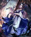 1girl ahoge bangs black_hair blurry blurry_foreground breasts cape closed_mouth day dress dutch_angle floating_hair gloves hair_between_eyes hair_over_one_eye highres irua large_breasts long_dress long_hair multicolored_hair outdoors pink_hair shadowverse shiny shiny_hair solo standing two-tone_hair very_long_hair white_dress white_gloves 