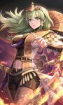  1girl absurdres alternate_costume armlet breasts byleth_(fire_emblem) byleth_(fire_emblem)_(female) clothing_cutout commentary enlightened_byleth_(female) fire fire_emblem fire_emblem:_three_houses fire_emblem_heroes gonzarez green_eyes green_hair highres holding holding_sword holding_weapon large_breasts looking_at_viewer navel navel_cutout official_alternate_costume pantyhose parted_lips solo sword tiara weapon whip_sword 