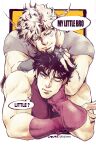  2boys bare_shoulders battle_tendency black_hair blonde_hair caesar_anthonio_zeppeli feather_hair_ornament feathers fingerless_gloves fujisee gloves hair_ornament headband highres jojo_no_kimyou_na_bouken joseph_joestar joseph_joestar_(young) lying_on_person male_focus multiple_boys muscular muscular_male pout 