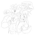  abs anonymous_artist anthro bracelet canid canine canis clothing dingo dingo_(sonic_underground) duo english_text hi_res hoodie jewelry male male/male mammal monochrome pecs sega shirtless size_difference sleet_(sonic_underground) sonic_the_hedgehog_(series) sonic_underground text topwear wolf 