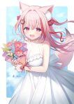  1girl :d animal_ear_fluff animal_ears bare_arms bare_shoulders blue_flower bouquet bow breasts cleavage collarbone commentary_request covered_collarbone dress fang flower frilled_dress frills hair_bow holding holding_bouquet indie_virtual_youtuber looking_at_viewer medium_breasts multicolored_hair official_art ookami_kuon pink_hair red_bow red_eyes red_flower red_hair signature sleeveless sleeveless_dress smile solo streaked_hair tail toma_(norishio) twitter_username two_side_up virtual_youtuber white_dress white_flower 