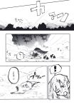  1girl alison_(alison_airlines) cloud crash_landing damaged debris greyscale hakurei_reimu highres monochrome mountain scan smoke touhou translation_request tree 