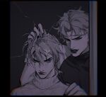  2boys argyle argyle_sweater broken_mirror chanasykine diego_brando dio_brando dual_persona earrings grabbing_another&#039;s_hair hand_on_another&#039;s_shoulder jewelry jojo_no_kimyou_na_bouken lipstick makeup monochrome multiple_boys pillarboxed stardust_crusaders steel_ball_run sweater 