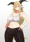  1girl animal_ears arknights bangs bare_arms bare_shoulders black_pants blonde_hair blush breasts cleavage commentary cowboy_shot crop_top degenbrecher_(arknights) gradient gradient_background grey_background hair_between_eyes hands_on_hips highres horns large_breasts leggings long_hair looking_at_viewer midriff navel pants solo sports_bra standing stomach thighs very_long_hair wristband xperiajoker yellow_eyes 