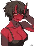  1girl :p bare_arms bare_shoulders black_hair breasts cleavage colored_skin horns kidouko_(zakusi) large_breasts looking_at_viewer oni oni_horns orange_eyes original red_oni red_skin short_hair signature simple_background slit_pupils smile solo tongue tongue_out upper_body white_background zakusi 