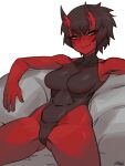  1girl bare_arms bare_shoulders black_hair black_leotard blush cameltoe closed_mouth colored_skin fang fang_out highleg highleg_leotard horns kidouko_(zakusi) leotard looking_at_viewer oni oni_horns orange_eyes original reclining red_oni red_skin seductive_smile short_hair signature simple_background sitting smile smug solo symbol-only_commentary white_background zakusi 