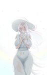  1girl absurdres bare_shoulders blue_eyes blush breasts covered_navel curvy dress dryseaweed flower highres holding holding_flower large_breasts last_origin long_hair looking_at_viewer mature_female mnemosyne_(last_origin) pink_hair standing thick_thighs thighs white_background white_dress white_flower white_headwear 