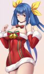  1girl bangs bare_shoulders blue_hair bow bowtie breasts christmas cleavage collar detached_sleeves dizzy_(guilty_gear) dress guilty_gear highres large_breasts necktie one_eye_closed red_dress red_eyes santa_costume santa_dress short_dress smile strapless strapless_dress takanashi-a thick_thighs thighs twintails 