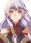  1girl bangs bare_shoulders black_dress coat crml_orng dress earrings eyebrows_visible_through_hair fire_emblem fire_emblem:_radiant_dawn fire_emblem_cipher fire_emblem_heroes fur_trim half_updo highres jewelry long_hair micaiah_(fire_emblem) official_alternate_costume portrait silver_hair simple_background smile solo tiara twitter_username white_background yellow_eyes 
