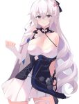 1girl absurdres anger_vein bangs beijiushui blush breasts bronya_zaychik cleavage dress fingerless_gloves flower gloves hair_ribbon highres honkai_(series) honkai_impact_3rd large_breasts looking_away open_mouth ribbon simple_background solo thighs white_background white_hair 