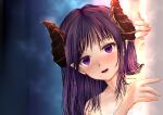  1girl :d bangs blush collarbone dc24v hair_between_eyes honey_strap horns leaning_to_the_side long_hair looking_at_viewer mole mole_under_eye pointy_ears purple_eyes purple_hair saionji_mary smile solo steam virtual_youtuber wet wet_hair 