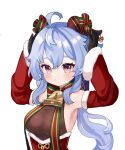  ahoge armpits arms_up bangs bare_shoulders bell black_gloves blue_hair blush bow breasts christmas detached_sleeves ganyu_(genshin_impact) genshin_impact gloves highres horns long_hair looking_at_viewer low_ponytail medium_breasts miyako_draw multicolored_eyes neck_bell red_sleeves santa_costume sideboob sidelocks solo upper_body white_background 