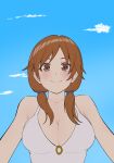 1girl absurdres blue_sky blush breasts brown_hair cleavage cloud collarbone daiko_(dai1974910) highres idolmaster idolmaster_cinderella_girls katagiri_sanae large_breasts looking_at_viewer sky smile solo swimsuit tied_hair twintails upper_body white_swimsuit 