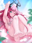  1girl absurdres armpits arms_up barefoot bikini blue_eyes blush breasts cloud day demon_girl demon_horns halo highres horns large_breasts leaf long_hair looking_at_viewer one_eye_closed original pink_hair sky smile soles solo swimsuit toes w_(w64851564) water wet 