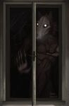  absurd_res against_surface against_window anthro biped black_body black_fur canid claws finger_claws fur glowing glowing_eyes hi_res looking_at_viewer male malo mammal mask nanadagger nude on_glass scp-1471-a scp_foundation skull_mask solo window 