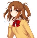  1girl bangs blush bow bowtie brown_eyes brown_hair cardigan collared_shirt commentary_request flying_sweatdrops hand_on_own_face long_hair long_sleeves looking_at_viewer nemu_mohu parted_bangs parted_lips red_bow school_uniform shirt sidelocks simple_background solo tsukihime tsukihime_(remake) two_side_up uniform upper_body white_background white_shirt yellow_cardigan yumizuka_satsuki 