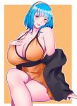  1girl absurdres bangs blue_hair blunt_bangs borrowed_character breasts cleavage dress feet_out_of_frame hairband hand_on_own_chest highres huge_breasts looking_at_viewer medium_hair open_mouth orange_background orange_dress orange_hairband original red_eyes rina_atherina simple_background sitting smile solo strap_gap whitewaffle 