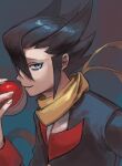  1boy bangs black_hair black_jacket blue_eyes commentary_request floating_scarf grimsley_(pokemon) hand_up highres holding holding_poke_ball jacket keytaro1125 male_focus poke_ball poke_ball_(basic) pokemon pokemon_(game) pokemon_bw scarf shiny shiny_hair shirt short_hair smile solo spiked_hair upper_body white_shirt yellow_scarf 