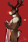  anthro antlers beard bgn brown_body brown_fur butt capreoline cervid facial_hair fur glowing glowing_nose hair hi_res horn male mammal nude red_background reindeer rudolph_the_red_nosed_reindeer simple_background solo 