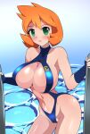  1girl areolae ass bangs blush breasts cameltoe cleft_of_venus eyebrows_visible_through_hair green_eyes hair_between_eyes harubato highres huge_breasts large_breasts legs medium_hair misty_(pokemon) navel one-piece_swimsuit orange_hair pokemon pokemon:_the_electric_tale_of_pikachu pokemon_(game) pokemon_hgss pussy swimsuit thighs 