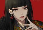  1girl artist_name bangs black_hair blunt_bangs chinese_zodiac dated earrings eyeshadow finger_to_cheek grey_eyes happy_new_year highres inanome_me japanese_clothes jewelry kimono lace lace_trim long_hair looking_at_viewer makeup mole mole_under_eye nail_polish new_year original parted_lips portrait red_background smile solo tsurime year_of_the_ox yellow_nails 
