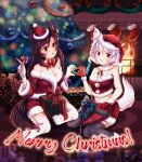  2girls absurdres alternate_costume animal_ears bare_shoulders black_legwear bow bowtie box breasts brown_hair candy candy_cane christmas christmas_ornaments christmas_tree cleavage collarbone dress dungeon_toaster fireplace food fur-trimmed_dress fur-trimmed_headwear fur_choker fur_trim gift gift_box gloves hat heart heart_hands heart_hands_duo highres imaizumi_kagerou inubashiri_momiji long_hair looking_at_viewer merry_christmas midriff multiple_girls navel off_shoulder open_mouth pom_pom_(clothes) red_bow red_bowtie red_eyes red_gloves red_skirt santa_costume santa_hat short_hair skirt tail thighhighs tongue tongue_out touhou white_hair white_legwear wolf_ears wolf_tail zettai_ryouiki 