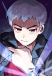  1boy black_jacket bracelet closed_mouth frown glowing grey_hair hand_up highres jacket jewelry keytaro1125 male_focus nanu_(pokemon) open_clothes open_jacket pokemon pokemon_(game) pokemon_sm red_eyes red_shirt shirt short_hair solo upper_body z-ring 