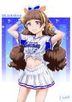  1girl amanogawa_kirara animal_ears animal_hands arms_up artist_name bangs baseball_jersey blunt_bangs brown_hair commentary cowboy_shot earrings fake_animal_ears gloves go!_princess_precure hands_in_hair highres jewelry long_hair looking_at_viewer low_twintails midriff miniskirt navel outline parted_lips paw_gloves pleated_skirt precure purple_eyes satou_yasu shirt short_sleeves signature single_horizontal_stripe skirt smile solo standing star_(symbol) star_earrings striped striped_shirt striped_skirt tied_shirt twintails vertical-striped_shirt vertical-striped_skirt vertical_stripes white_outline white_skirt yokohama_dena_baystars 
