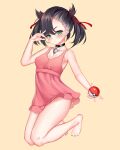  1girl absurdres black_hair blush breasts chinese_commentary cleavage collarbone commentary_request dress eyebrows_visible_through_hair full_body green_eyes hair_between_eyes hair_ribbon highres holding kneeling looking_at_viewer marnie_(pokemon) medium_hair navel nude o-ring pink_dress poke_ball pokemon pokemon_(game) pokemon_swsh red_ribbon ribbon simple_background small_breasts solo xiao_dao_jun yellow_background 