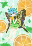  1girl absurdres animal_background antennae aqua_hair barefoot bug butterfly butterfly_background butterfly_wings dress eternity_larva fairy food fruit fruit_background full_body green_dress hair_between_eyes highres holding holding_food holding_fruit leaf leaf_on_head multicolored_clothes multicolored_dress no_lineart open_mouth orange_(fruit) orange_eyes short_hair short_sleeves single_strap solo takano48 touhou wings 