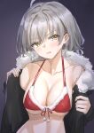  1girl absurdres bangs bare_shoulders bikini black_jacket blush breasts cleavage collarbone embarrassed eyebrows_visible_through_hair fate/grand_order fate_(series) fur-trimmed_bikini fur-trimmed_jacket fur_trim head_tilt highres jacket jeanne_d&#039;arc_(alter)_(fate) jeanne_d&#039;arc_(fate) kohaku_teru large_breasts long_sleeves looking_at_viewer off_shoulder open_clothes open_jacket parted_lips purple_background red_bikini scowl short_hair silver_hair simple_background solo sweatdrop swimsuit undressing upper_body v-shaped_eyebrows yellow_eyes 