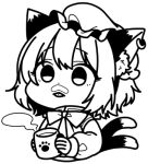  1girl :&lt; :p animal_ear_fluff animal_ears bangs bow bowtie cat_ears cat_girl cat_tail chen chibi closed_mouth cropped_torso cup dot_nose drink earrings expressionless eyebrows_visible_through_hair eyes_visible_through_hair food food_on_face greyscale hair_between_eyes hands_up hat high_collar holding holding_cup holding_drink hoop_earrings jewelry lineart long_sleeves looking_at_viewer lowres milk_mustache mob_cap monochrome mug multiple_tails nekomata paw_print print_mug puffy_long_sleeves puffy_sleeves short_hair simple_background single_earring solo steam tail tail_raised tareme tongue tongue_out touhou two_tails unkmochi upper_body white_background 